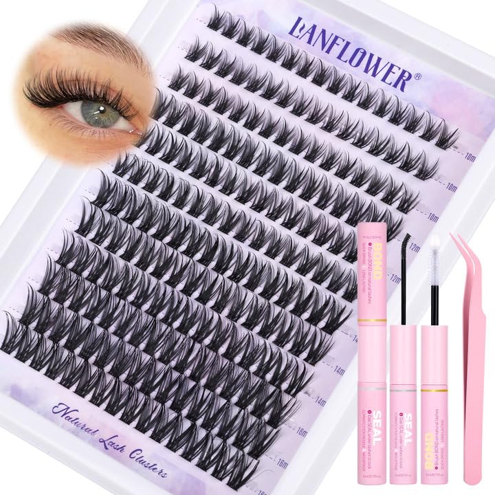 Wispy Lash Clusters Kit Natural Lash Extension Kit 192pcs Eyelash Clusters C Curled Eyelash Extension Kit 10-16mm Individual Lashes with Lash Bond and Seal and Lash Tweezers by Lanflower