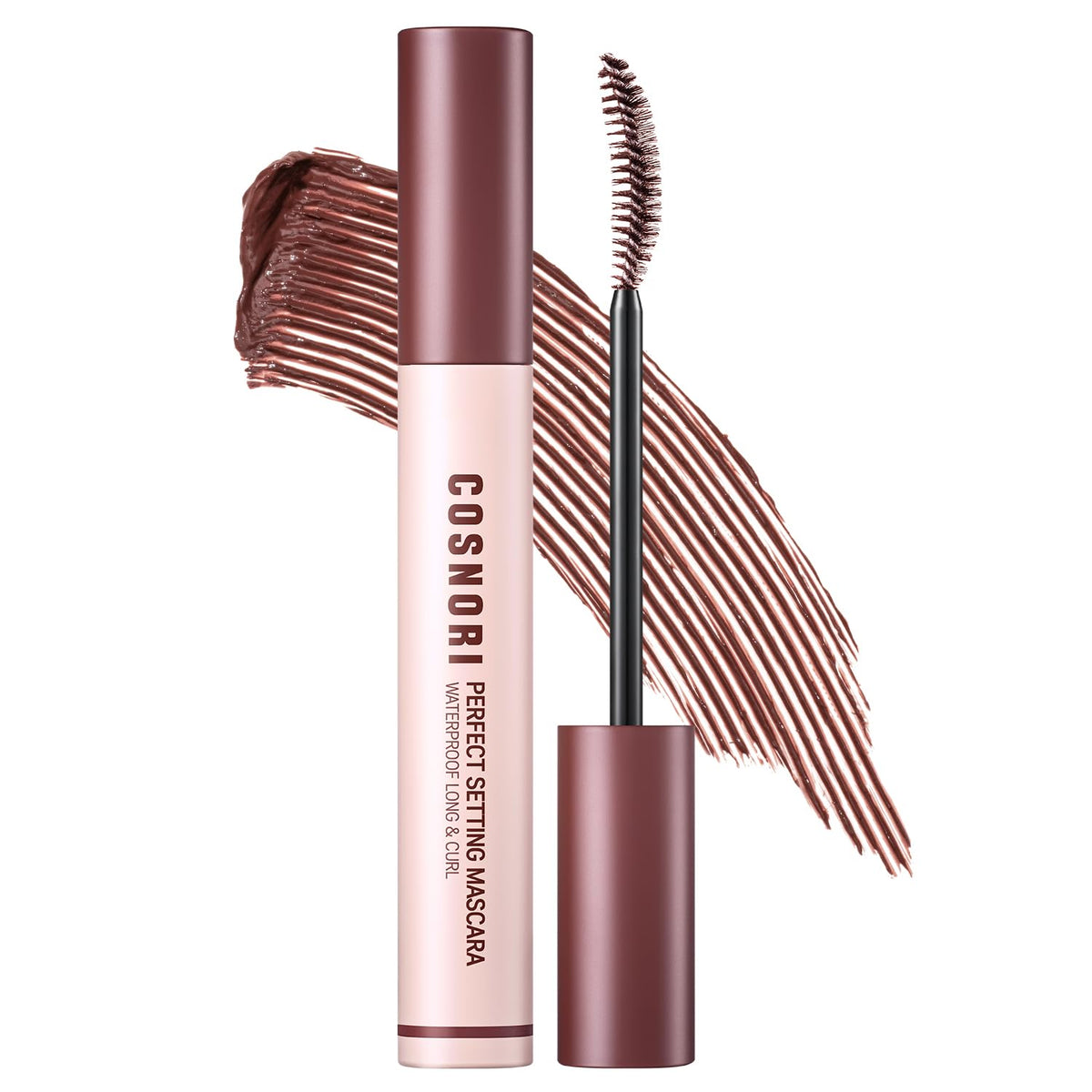 COSNORI Perfect Setting Waterproof Mascara Long&Curl 03 Rosy Brown – Long Lasting Smudge - Red Brown Mascara - Perfect for Auburn Hair & Hazel Eyes - K beauty - 0.23fl oz (7ml)