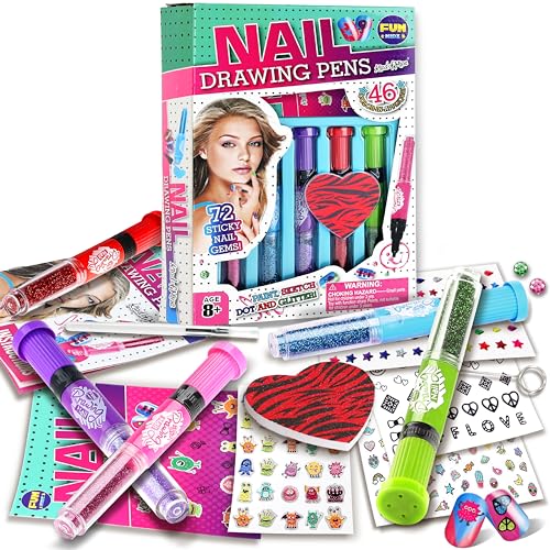 Craft Nail Pens Kit for Kids Ages 7-12, FunKidz Nail Set with Nail Polish Glitter Sticker Temporary Makeup Nails Kit for Girl Teens Party Activities Gifts