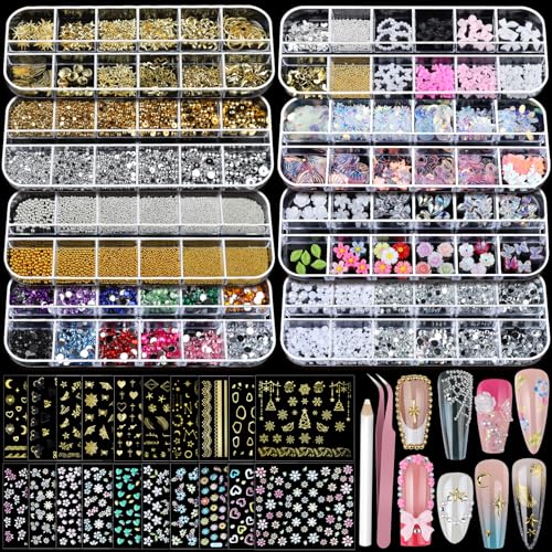 Teenitor Nail Charms Nail Stickers for Nail Art Kit, 8 Boxes Nail Rhinestones Nail Gems Pearls for Nails with 20 Sheets Nail Art Stickers, 3D Gold Nail Charms and Gems Nail Supplies Nail Art Tools