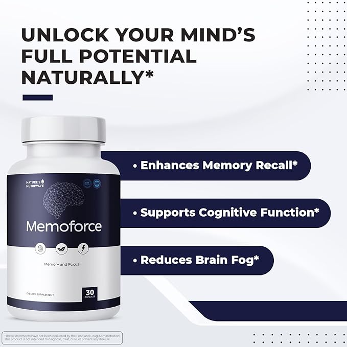 MemoForce - Natural Supplement with Ginkgo Biloba, Bacopa Monnieri for Brain & Memory Support | Non-GMO, Stimulant-Fre | Made in The USA, GMP-Certified | 30 Capsules - 2 Month Supply