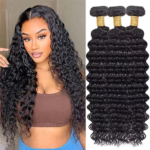 Deep Wave Human Hair Bundles, 18 20 22 Inch, 100% Unprocessed Brazilian Virgin Hair, Deep Curly, Natural Black, Wet And Wavy Bundles - 3 Pack, Style Keep Texture Silky Soft, Hair Extension