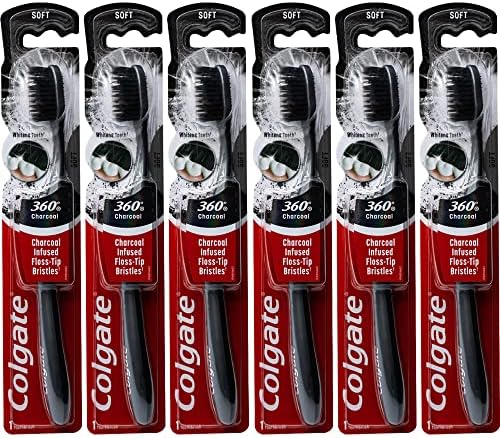 Colgate 360 Charcoal Infused Toothbrush, Floss-Tip Bristles, Soft (Colors Vary) - Pack of 6