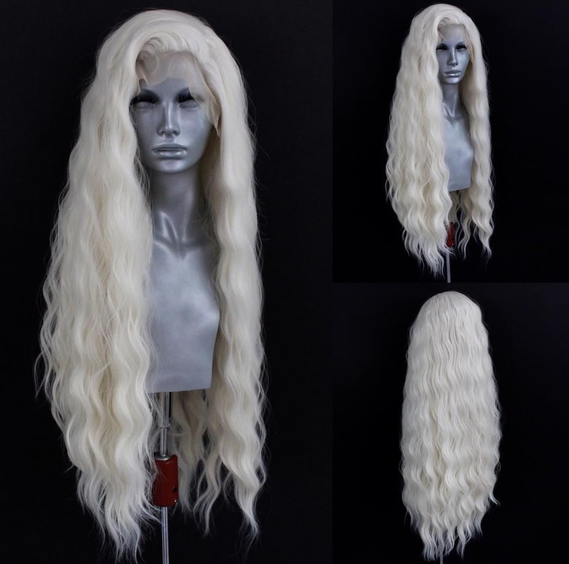 WXHWCX Long White Blonde Wavy Synthetic Lace Front Wig Middle Part Lace Wigs Synthetic Hair Wig for Women Cosplay Wigs