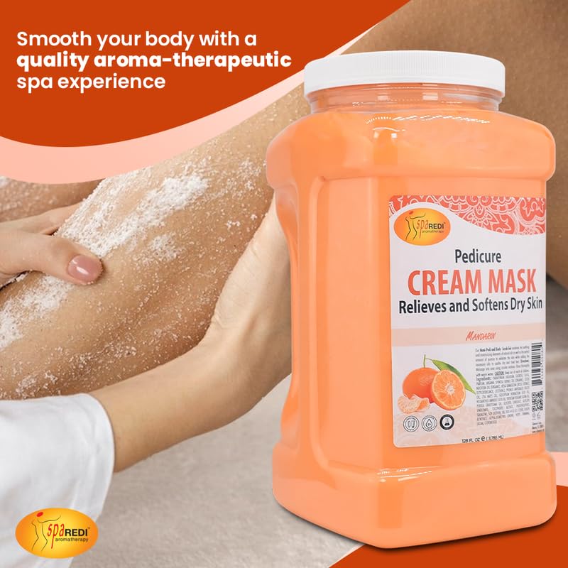 SPA REDI - Body and Foot Cream Mask, Mandarin, 128 Oz - Pedicure Massage for Tired Feet and Body, Hydrating, Fresh Skin - Infused with Hyaluronic Acid, Amino Acids, Panthenol, Comfrey Extract