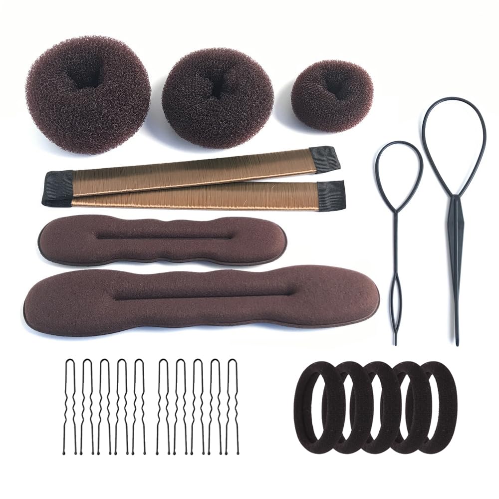 iFlyMars Hair Accessories Set - Foam Sponge Bun Shapers, Magic French Twist Clip, Snap Bun Makers, Elastic Bands, and Hair Pins (Brown)