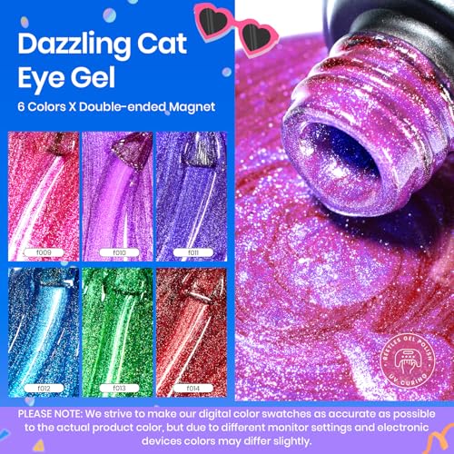 Beetles Cat Eye Gel Nail Polish, 6 Colors Summer Cat Eye Glitter Gel Polish Set Neon Red Pink Purple Blue Green with Magnet Velvet Gel Kit French Nail Art Manicure Gift for Women