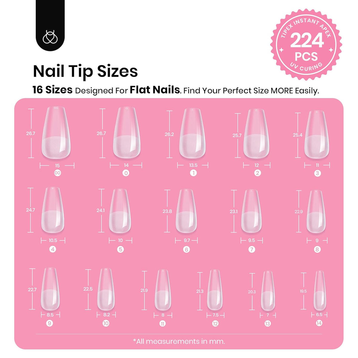 Beetles Tipex Gel Nail Kit with 224Pcs 16Sizes Medium Coffin Apex Nail Tips C Curved , Pre-building Acrylic Nails with Tipex Nail Glue，Mini Nail Lamp, Nail File for DIY Nails or Salon Use
