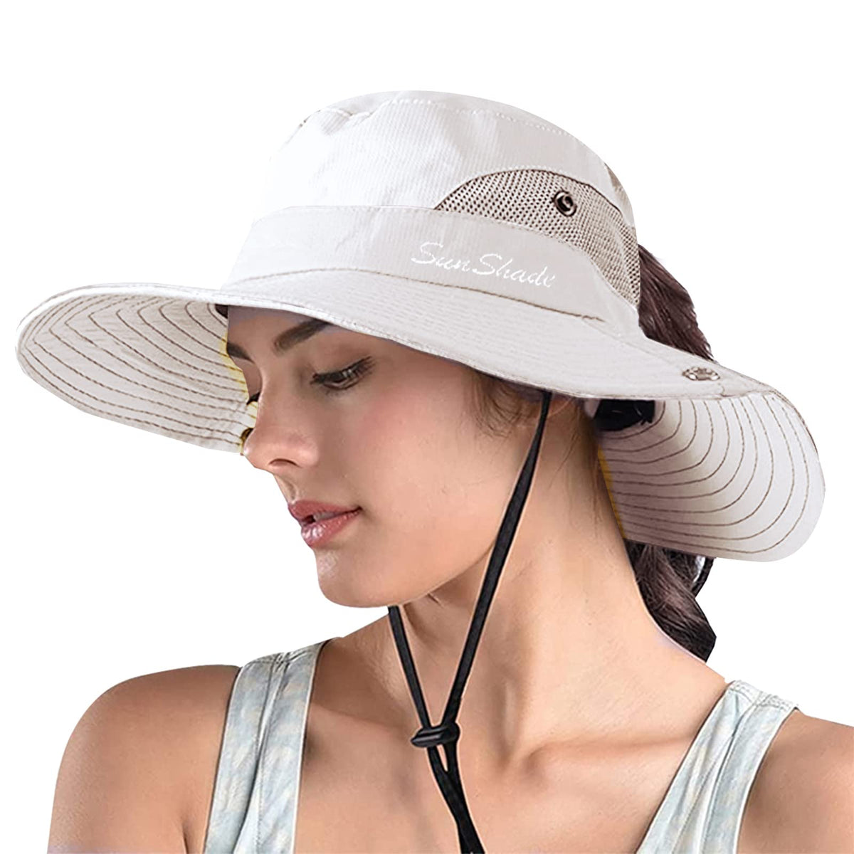 ZOORON 1 Pack Women's Ponytail Safari Sun Hat,Wide Brim UV Protection Outdoor Bucket Hat,Foldable Beach Summer Fishing Hat(purebeige)