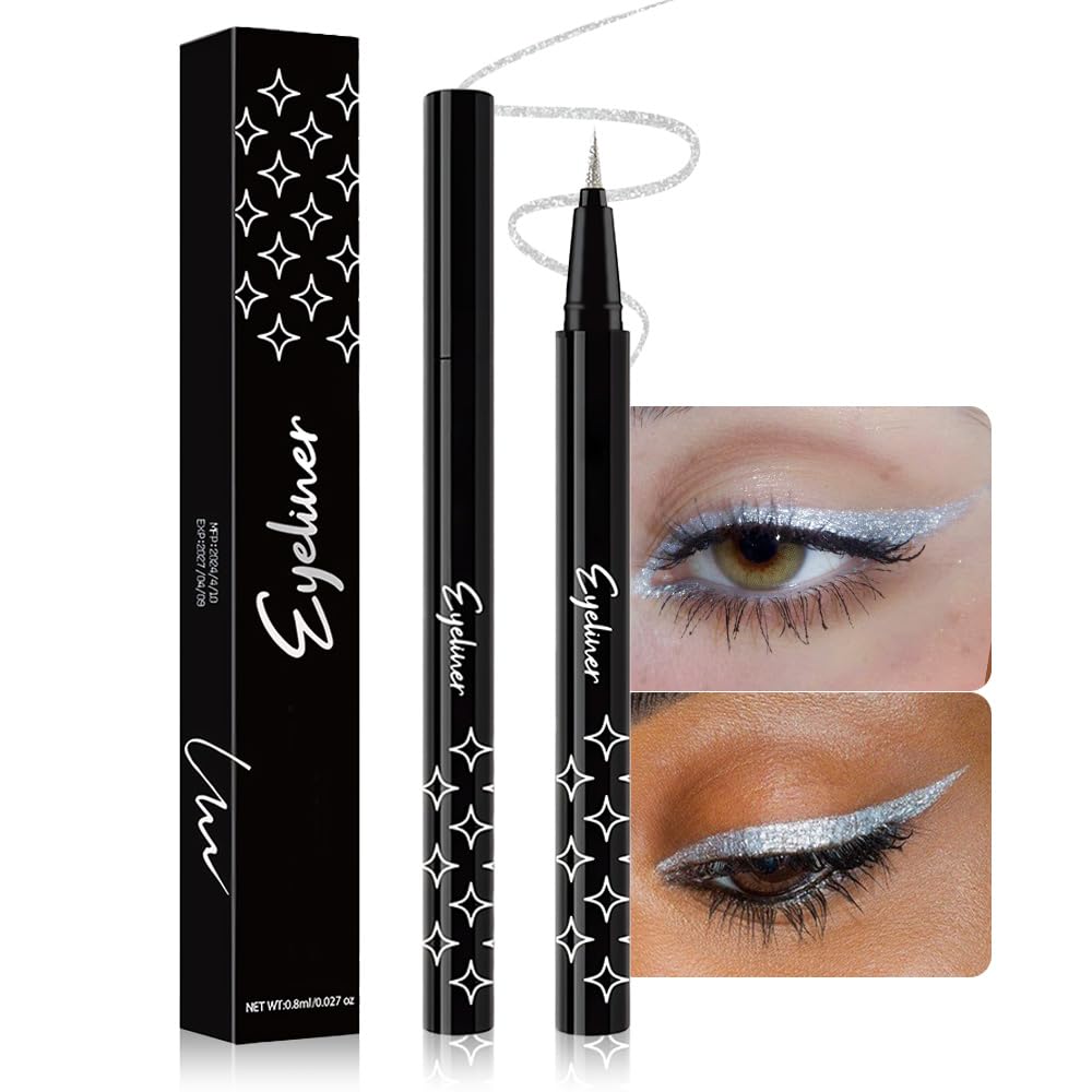 evpct 1Pcs Silver Glitter Shimmer Colored Liquid Eyeliner Eye Shadow Makeup Pencil Pen, Pearl White Face Body Glitter Makeup Fake Eyelashes Mascara Accessories, Sparkle Metallic Eyeliner Waterproof