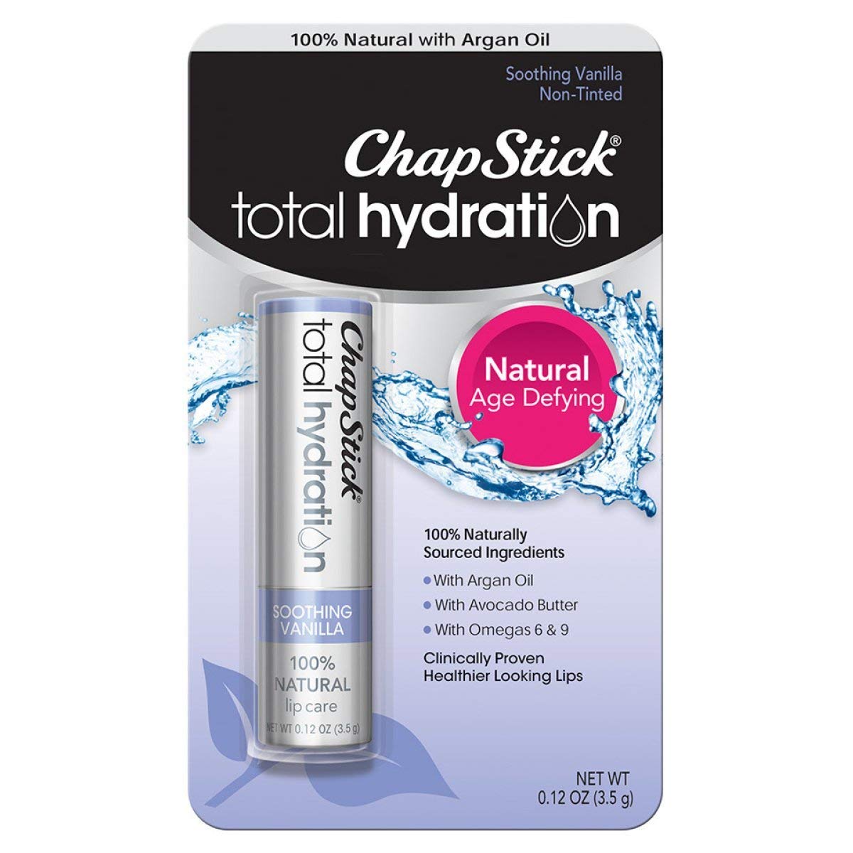 ChapStick Total Hydration Soothing Vanilla Moisturizing Lip Balm Tube, Lip Care with Argan Oil - 0.12 Oz