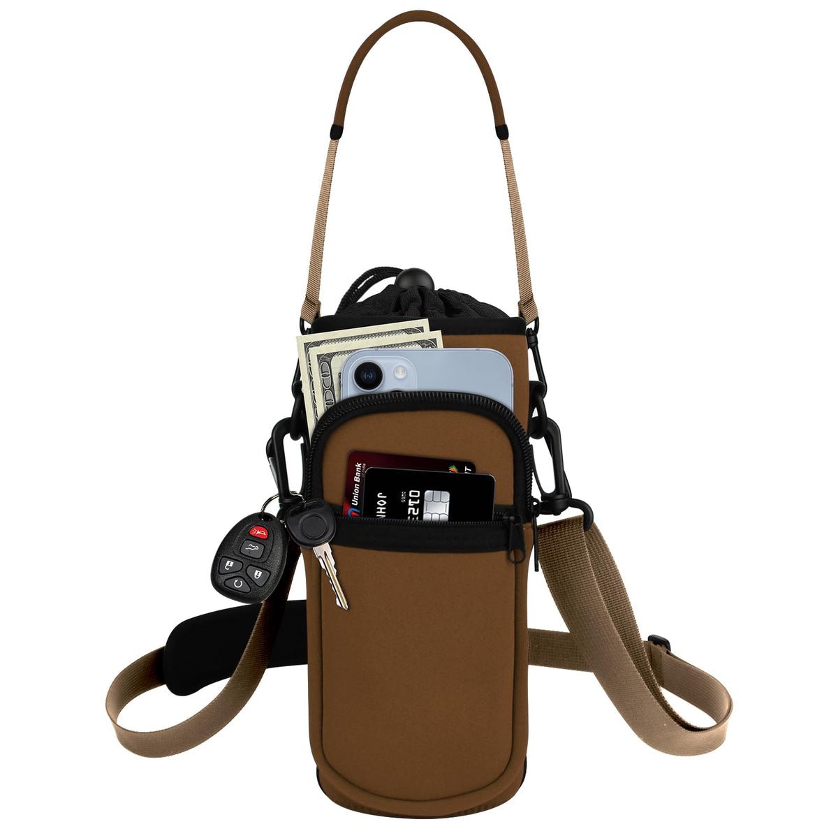 Bstge Water Bottle Holder with Strap, Water Bottle Carrier Bag with Phone Pocket, Shoulder Hand Strap Insulated Neoprene 32 oz Water Bottle Sleeve for Walking Hiking Camping Gym(Coffee)