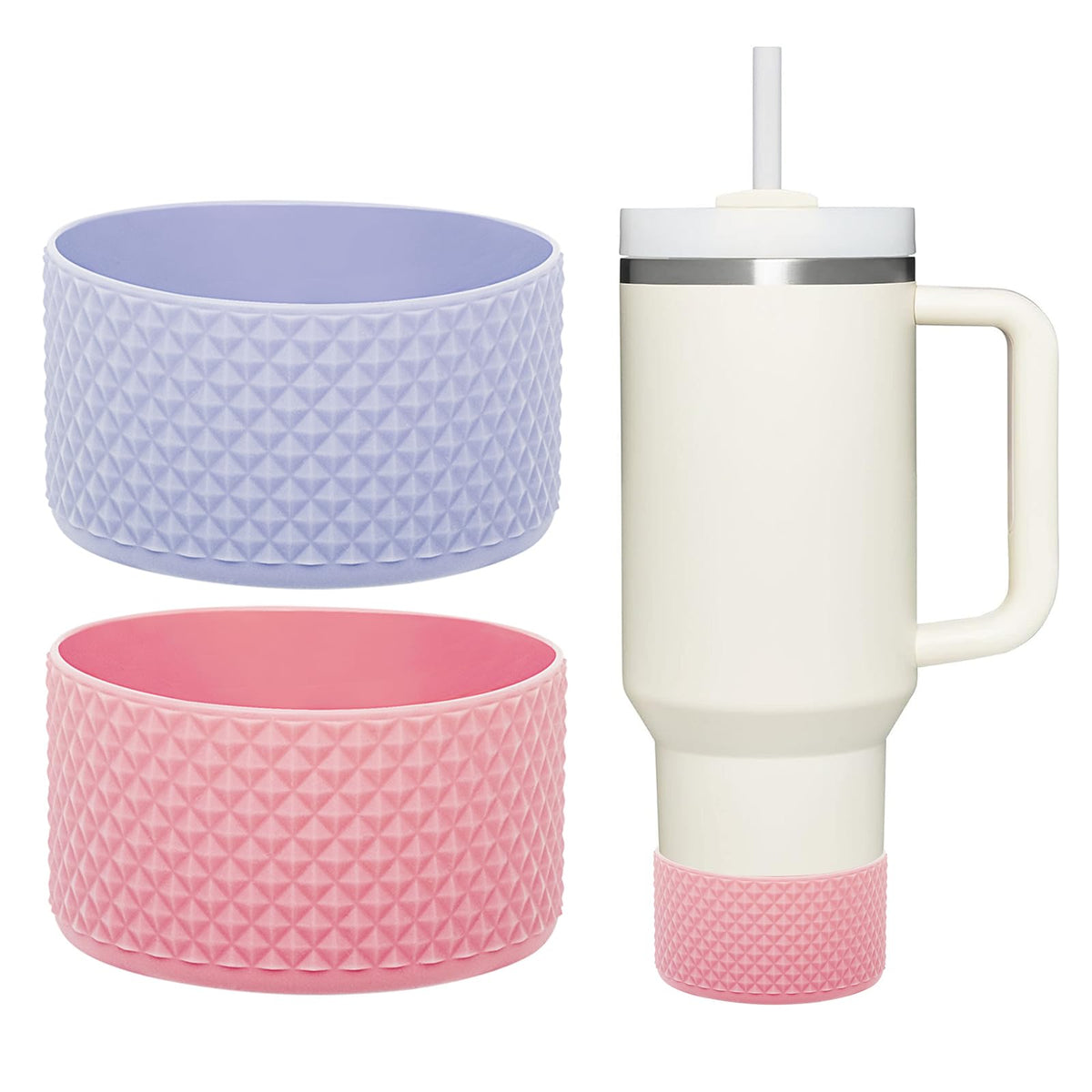 2 Pcs Tumbler Bottom Protector Boot for Stanley Quencher Adventure 40oz & Stanley IceFlow 20oz 30oz and Compatible with Hydro Flask Water Bottle 12oz 21oz 24oz Stealth Landing (Diomond Pink/Fog)