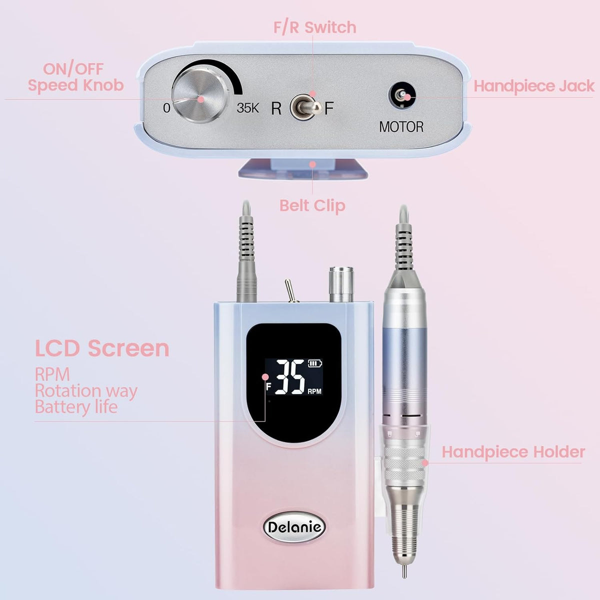 Delanie Professional Nail Drill High Torque 35000 RPM Rechargeable Portable Electric Nail File Filer for Acrylic Gel with Cuticle Bits, Salon Manicure Tool, Gradient Pink