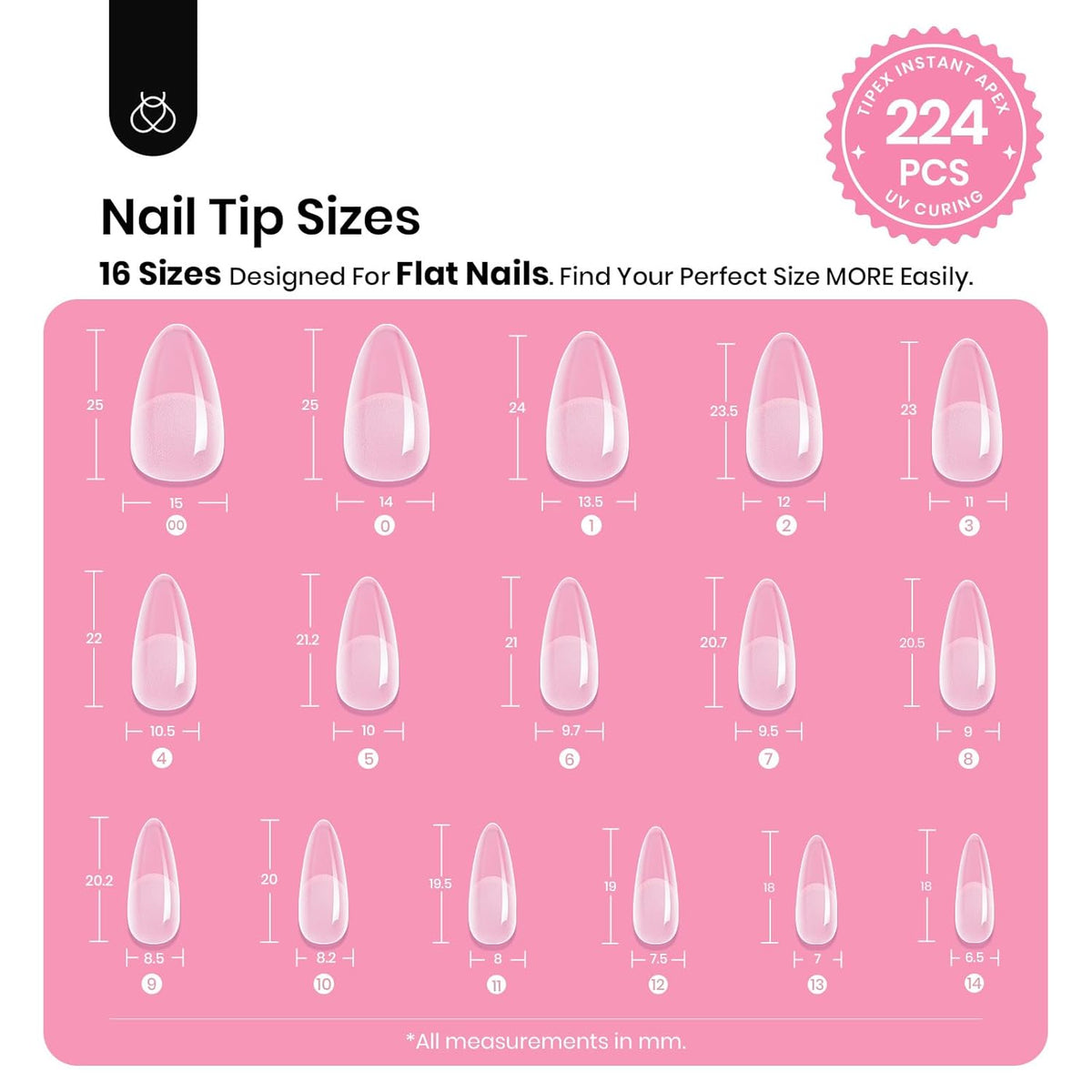 Beetles Tipex Gel Nail Kit, Medium Almond Nail Tips 224 Pcs 16 Sizes Pre-Building Pre-Etched False Nail Tips with Tipex Nail Glue, Mini Nail Lamp Thick Acrylic Nail Set Halloween Nails
