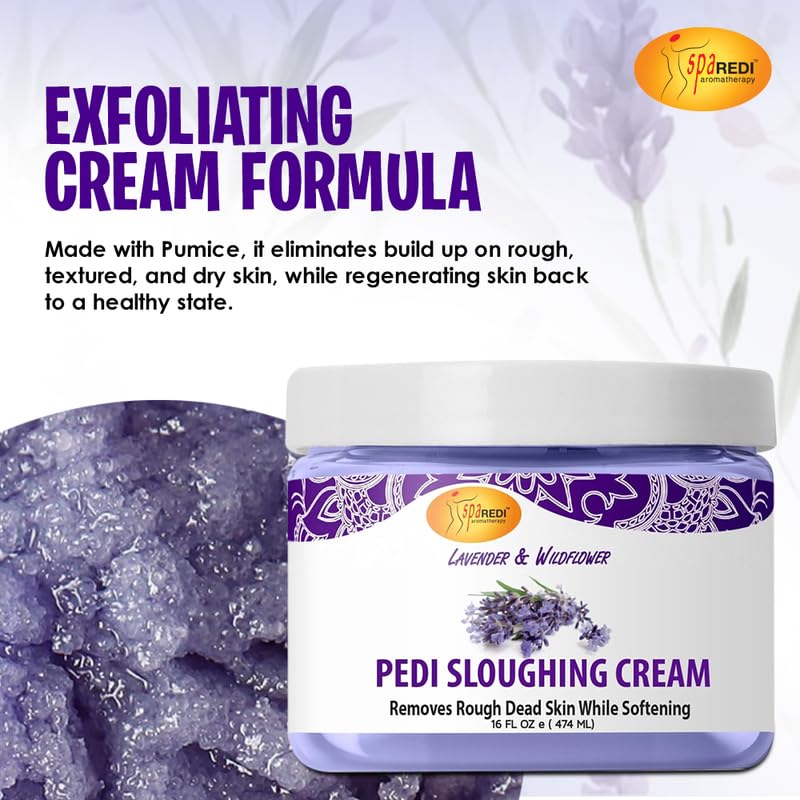 SPA REDI - Foot Cream, Sloughing Lotion, Lavender and Wildflower 16 Oz - Pedicure Massage Foot Care for Dry Cracked Feet, Scrub Gently, Exfoliating, Smooths and Eliminates Buildup of Dead Skin