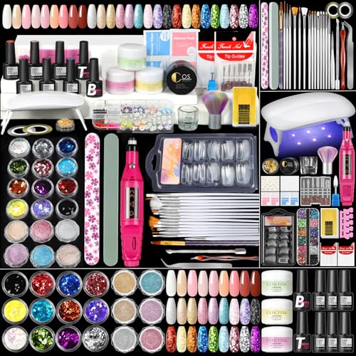 Acrylic Nail Kit for Beginners with Everything 3pc Acrylics Powder 6pcs Gel Nail Polish 18pcs Glitter Decoration Powder Professional Nails Kit Acrylic Set with U V Light and Drill Gifts for Women