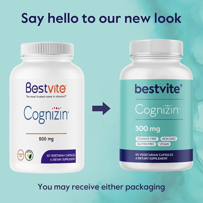 BESTVITE Cognizin 500mg (60 Vegetarian Capsules) - Clinically Studied Premium Choline Nootropic - No Stearates - Vegan - Non GMO - Gluten Free - Citicoline - Brain Supplements for Memory and Focus