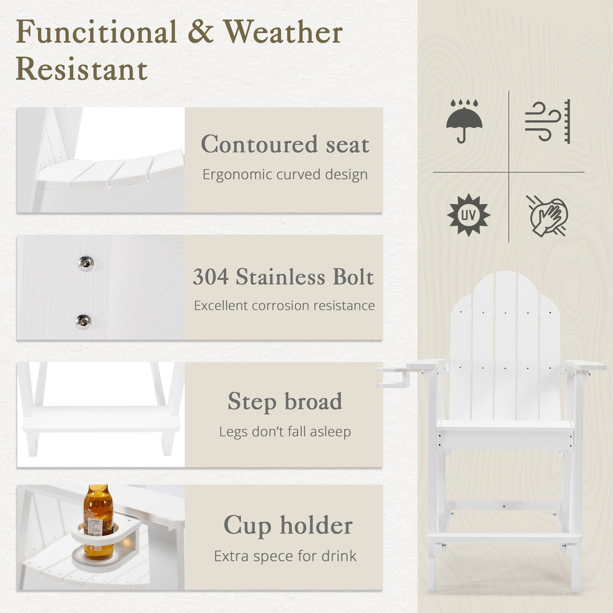 Dycanpo Tall Adirondack Chairs Set of 2,Patio Garden Eco-Friendly Chair with Cup Holder,White