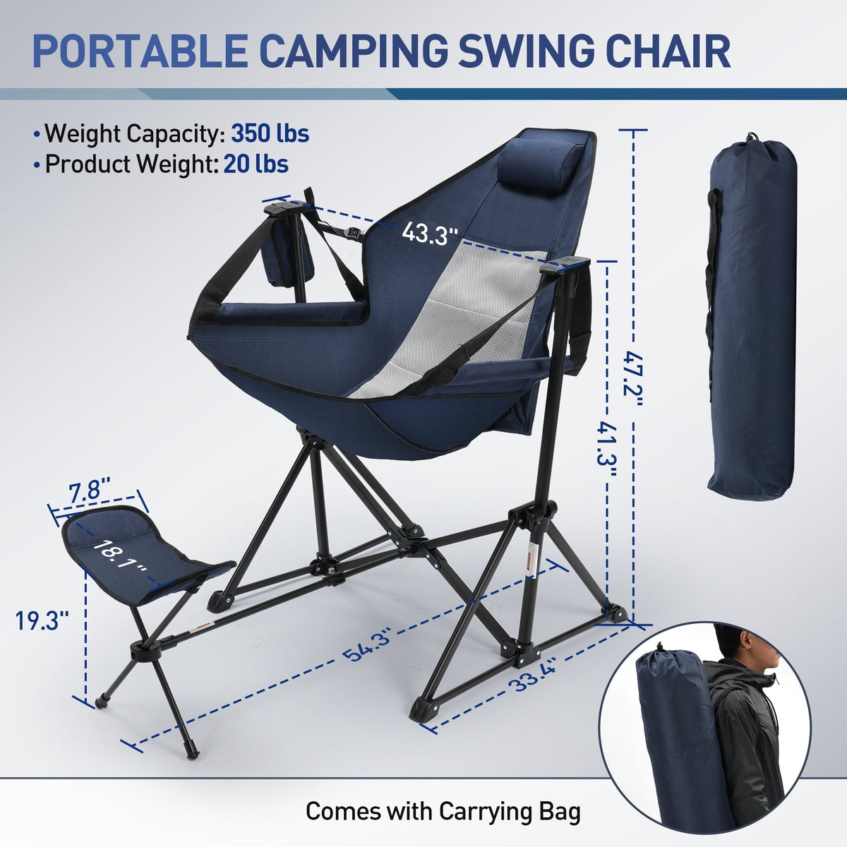 Heavy Duty 350lbs Portable Folding Camping Chair w/Adjustable Backrest & Retractable Footrest - Compact Outdoor Lawn Chair with Headrest, Cup Holder for Camping, Fishing, Hiking, Backyard