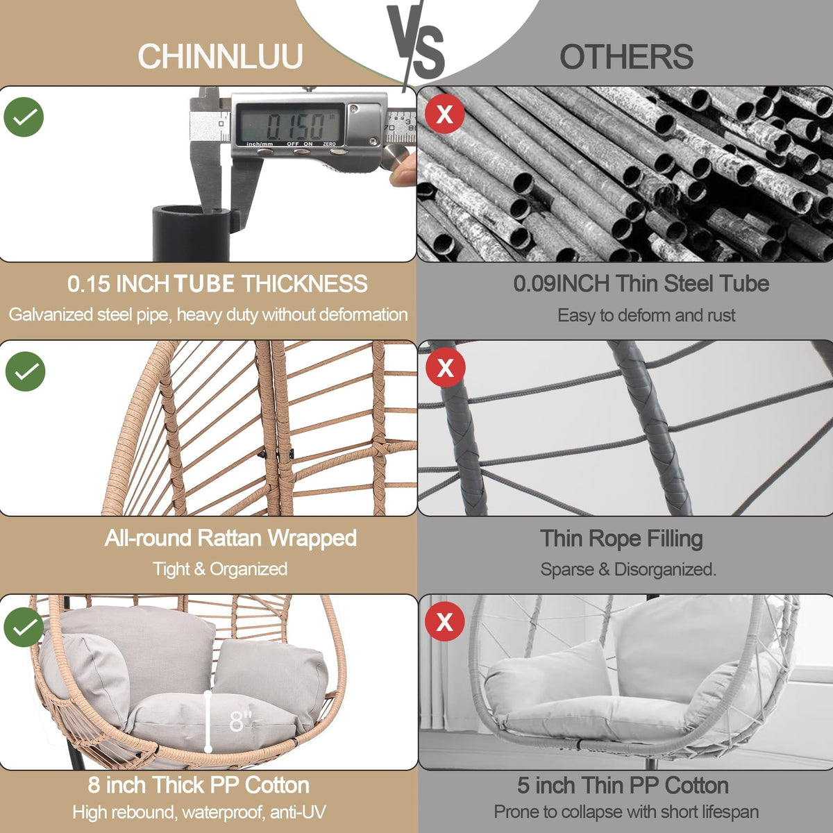 TQKVIPI Oversized Hanging Egg Chair Outdoor Indoor, Wicker Swing Egg Chair with Stand  Rain Cover UV Resistant Cushion 400lbs Capacity for Bedroom, Patio, Garden and Balcony (Beige-Regular)