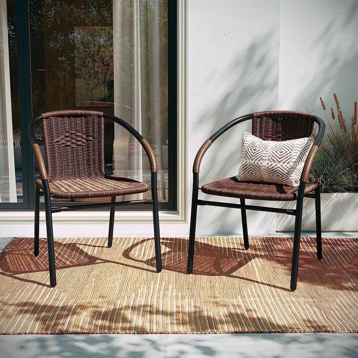 Jumpeak Lila Modern Rattan Indoor/Outdoor Stackable Dining Chairs, Stacking Rattan Bistro Chairs for Patio or Restaurant, Set of 4, Brown