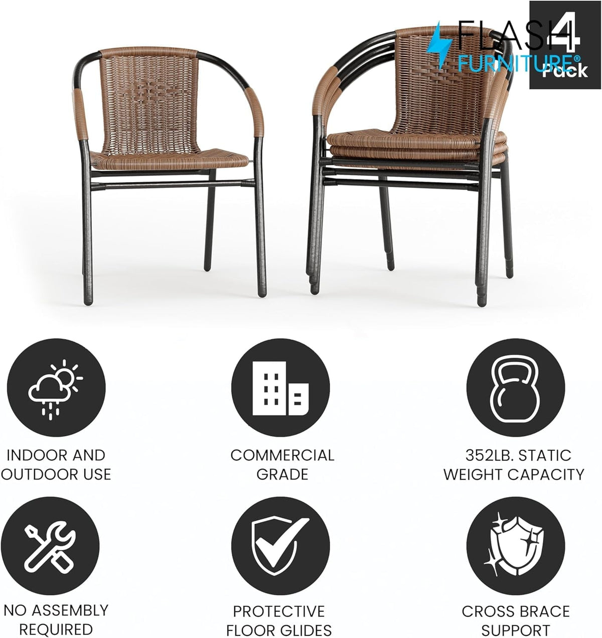 Jumpeak Lila Modern Rattan Indoor/Outdoor Stackable Dining Chairs, Stacking Rattan Bistro Chairs for Patio or Restaurant, Set of 4, Brown