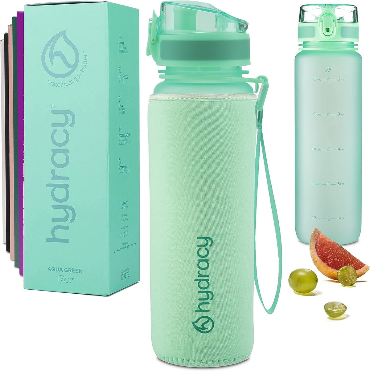Hydracy Water Bottle with Time Marker - 500 ml 17 Oz BPA Free Water Bottle - Leak Proof & No Sweat Gym Bottle with Fruit Infuser Strainer - Ideal Gift for Fitness or Sports & Outdoors - Aqua Green