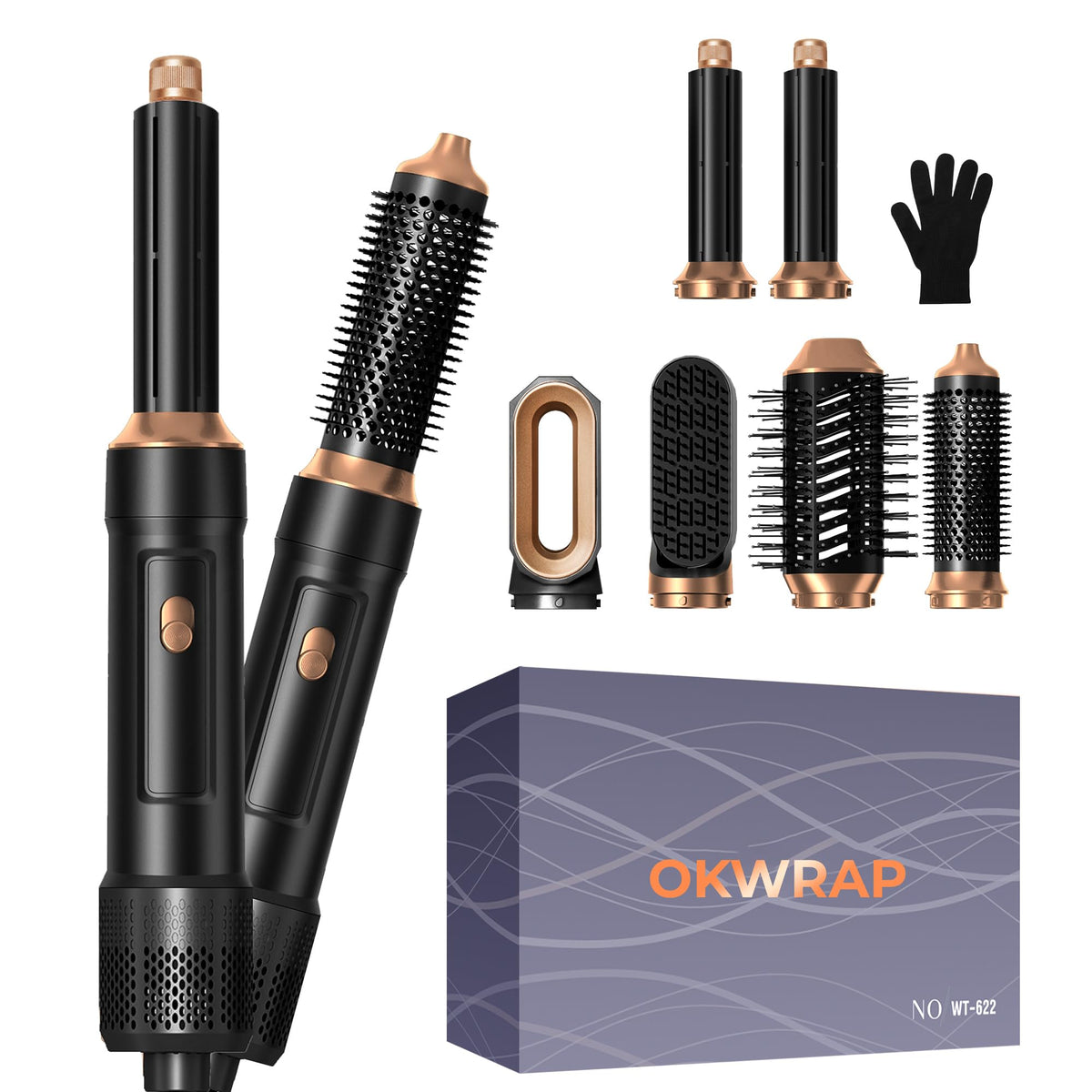 Blow Dryer Brush, 6 in 1 Auto Air Curling Iron Set 3 Temperature 1000W Powerful Negative Ionic Hair Dryer Brush Set with Thermal Brush, 60000RPM Hot Air Brush, Left&Right Curler Wand (Black Gold)