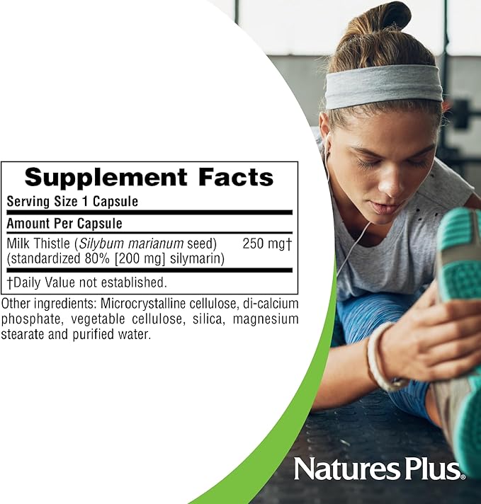 Natures Plus Herbal Actives Milk Thistle - 250 mg, 80% Silymarin, 60 Vegan Capsules - Vegetarian, Gluten-Free - 60 Servings