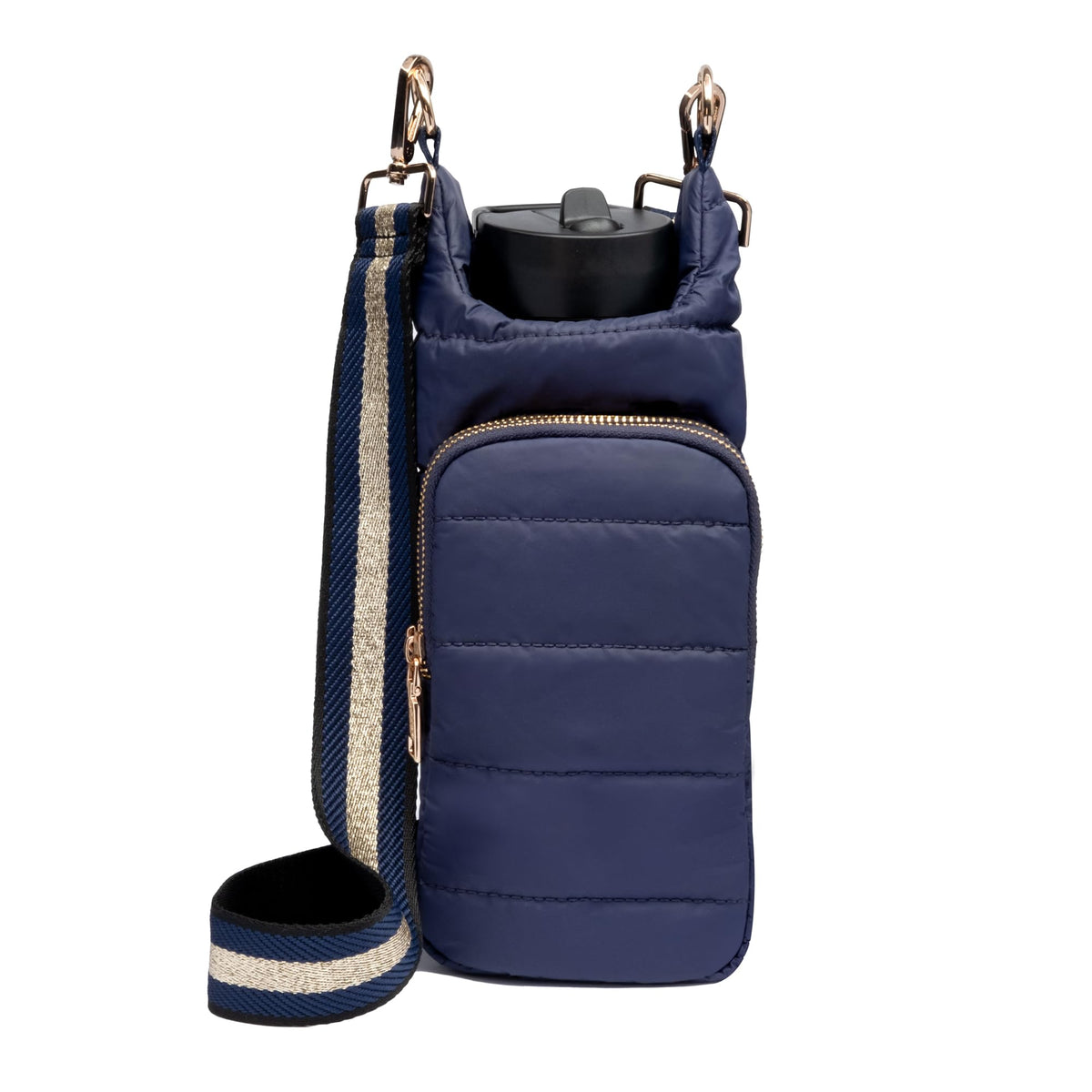 WanderFull Original Crossbody HydroBag | Quilted Water Bottle Carrier | Puffer Tote Tumbler Holder with Pockets for Phone & Accessories | Carry Travel Essentials (Navy Matte/Navy Gold Striped Strap)