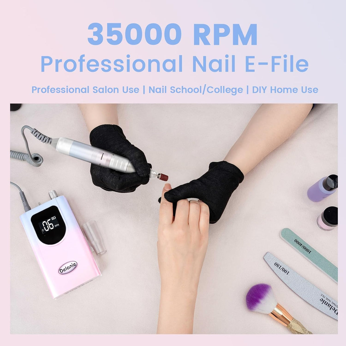Delanie Professional Nail Drill High Torque 35000 RPM Rechargeable Portable Electric Nail File Filer for Acrylic Gel with Cuticle Bits, Salon Manicure Tool, Gradient Pink