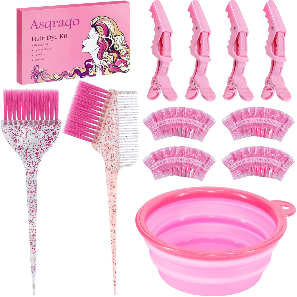 Asqraqo 11pcs Hair Coloring Kit - Professional Salon Tools for DIY Mixing, Includes Clips, Bowl, Dye Brush, Earmuffs - Perfect for Bleaching and Dye