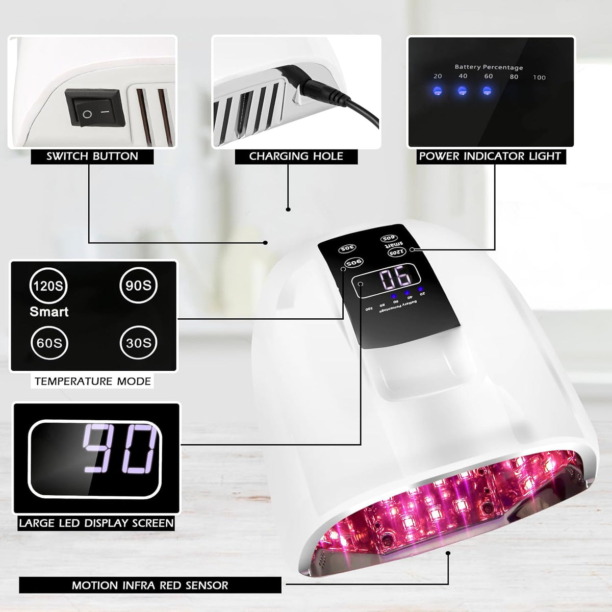 90W Professional Wireless Cordless Rechargeable UV LED Nail Lamp,Nail Lamp Gel Nail Curing Dryer Light for Nails with 45 Beads,4 Timer Setting LCD Display Nail Polish Machine (White)