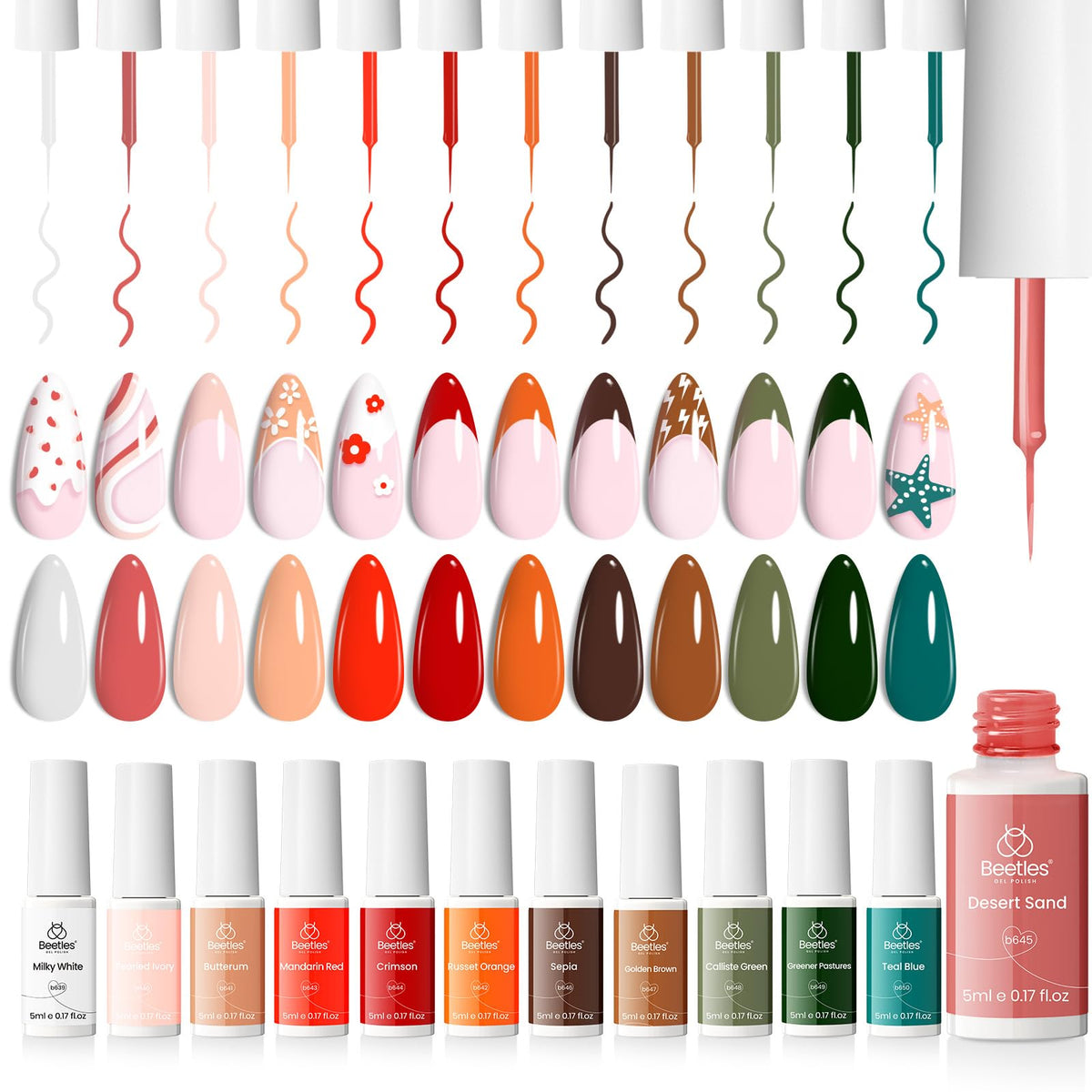 beetles Gel Polish 12 Pcs White Nude Red Green Gel Polish Paint Swirl Gel Nail Art Built Thin Brush in Bottle Soak off Uv Led Lamp Fall Gel Nail Polish