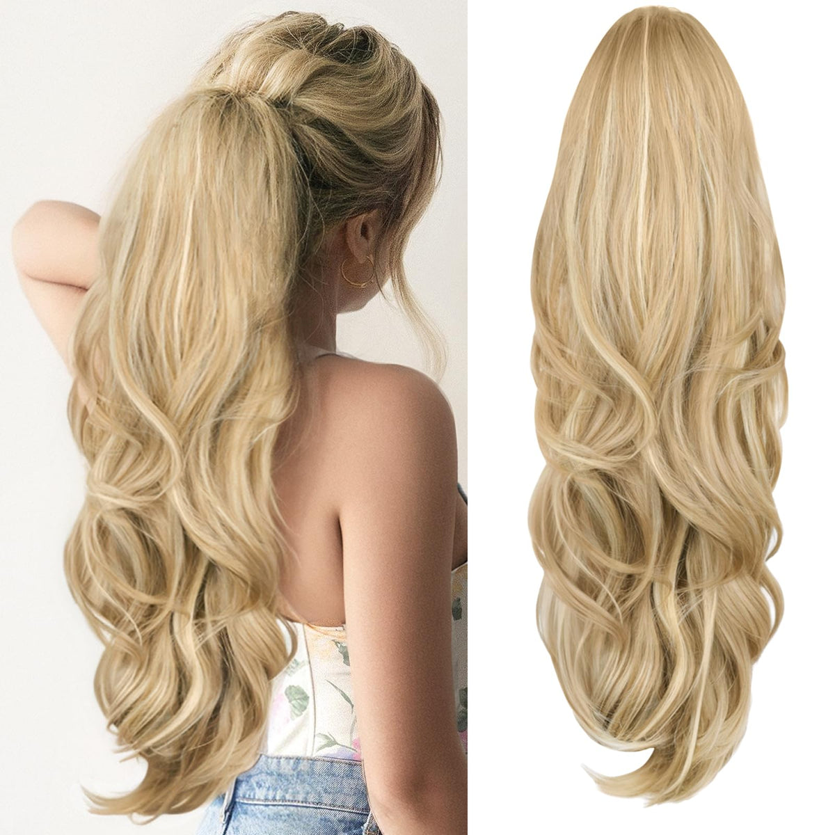 CHRSHN Blonde Ponytail Extension, Drawstring Ponytail Extension for Women 26 Inch Long Wavy Highlights Pony Tails Hair Extensions Synthetic Clip in Ponytail Hairpiece for Women(H24/88)