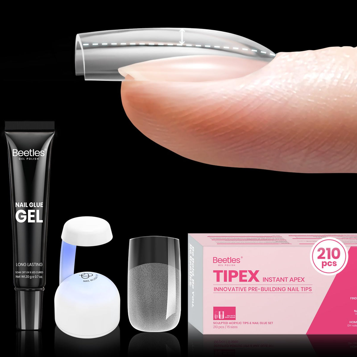 Beetles Tipex Gel Nail Kit Short Square Instant Apex Nail Tips, 210 Pcs Pre-Building&Pre-Etched Square False Nail Tips with UV Nail Glue, LED Mini Nail Lamp-Thick Acrylic Nail Set for Flat Nails