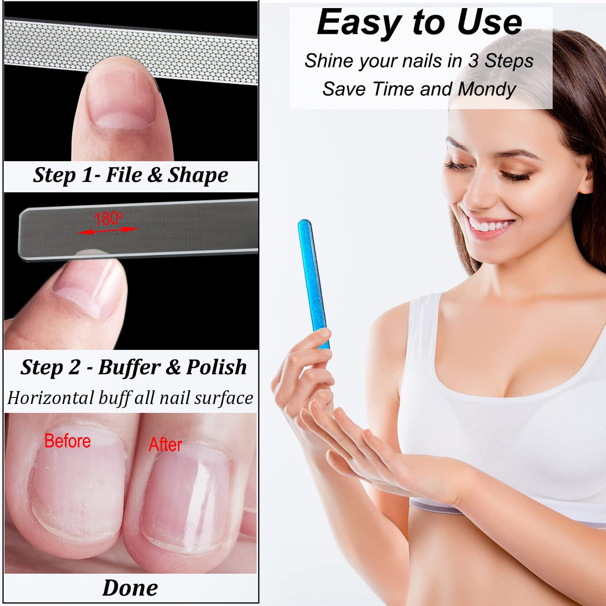 Diamond Nail File with Crystal Nail Shiner Set, Stainless Steel Nail File with Nano Glass Buffer, Metal Sapphire File with Nail Polisher, Professional Manicure Pedicure Kit for Salon Home and Travel