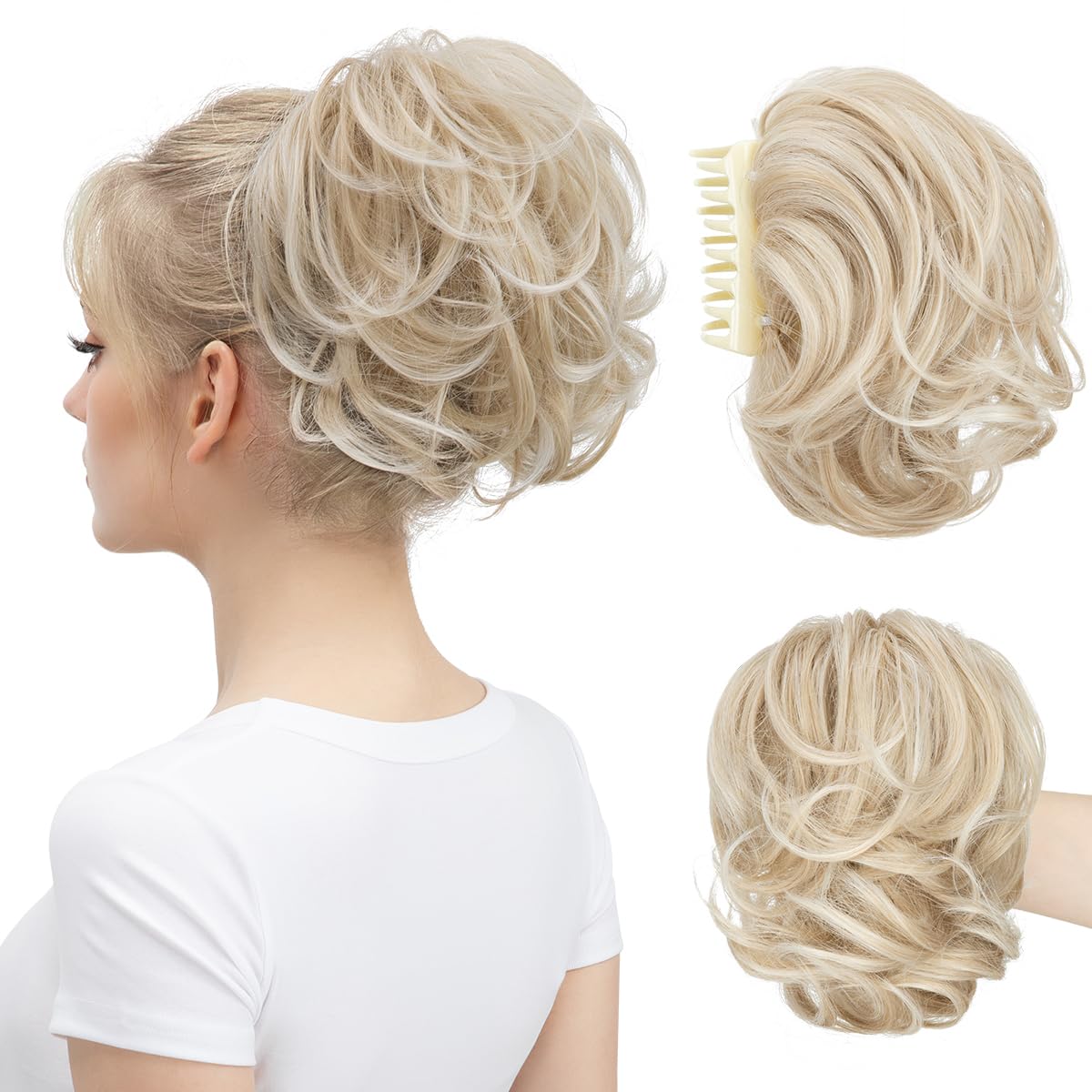 youngways Claw Clip Short Ponytail Messy Bun Hair Piece Bendable Hair Branch Extensions Fluffy Wavy Curly Synthetic Versatile Cream Blonde Hairpieces