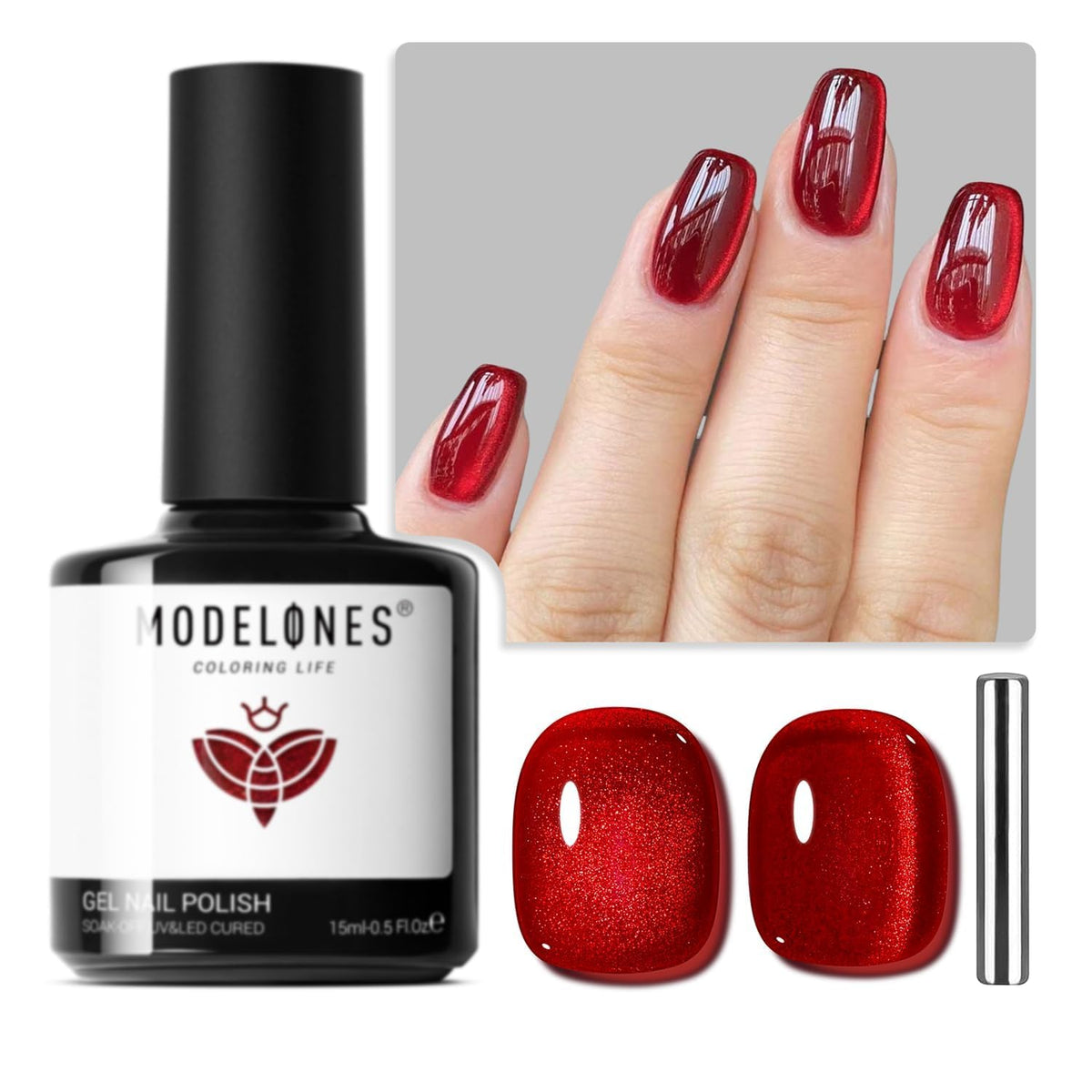 modelones Cat Eye Gel Nail Polish,15 ML Glitter Red Nail Polish 9D Magnetic Burgundy Red Sparkle Bloody Glass Polish Reflective Translucent UV Ge Art DIY Salon Mother's Day Gift for Girl Women