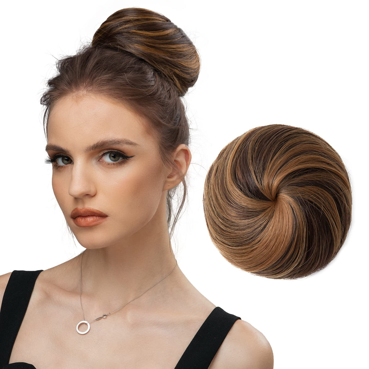 SARLA Drawstring Hair Bun Extension Dark Brown/Golden Synthetic Fake Ballet Bun Hair Piece for Women Girls Lady Updo Donut Chignon