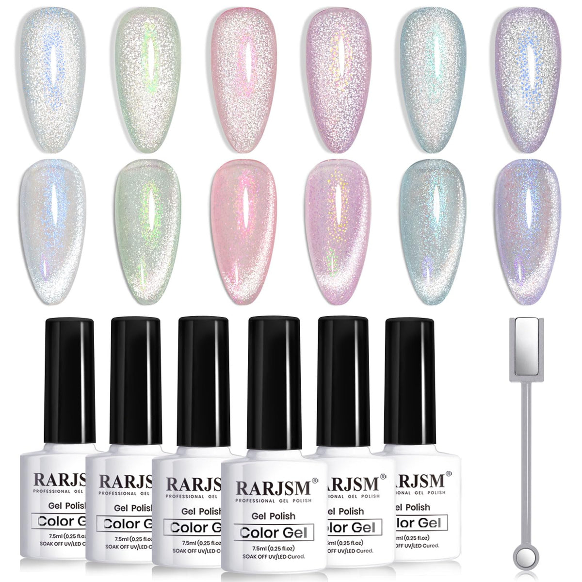 RARJSM Aurora Mermaid Cat Eye Gel Nail Polish Set 6 Colors Velvet Silver Glitter Pink Green Blue Purple Galaxy Star Shimmer Gel Polish with Magnetic Stick UV LED Curing Requires Soak Off Home Salon