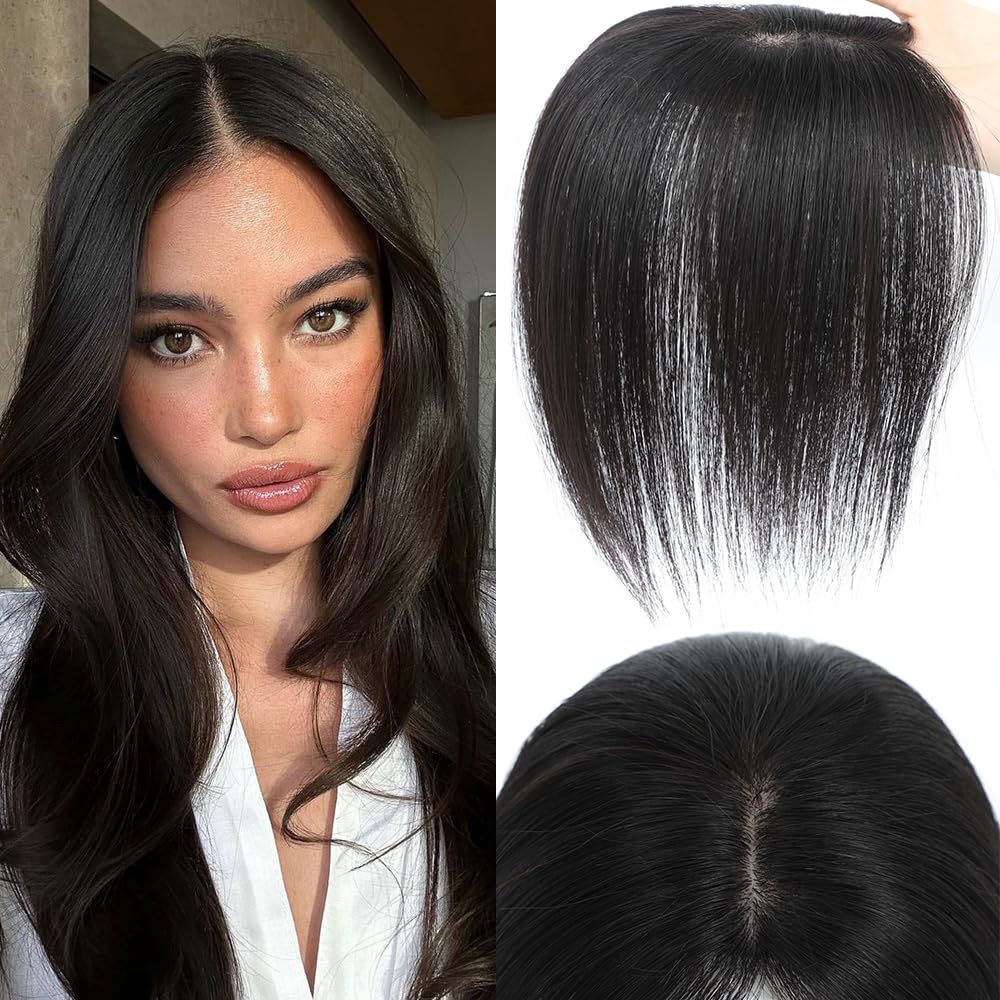 Hair Toppers for Women Real Human Hair, 3D Cover Clip in Bangs Realistic Scalp Line Human Hair Toppers for Women with Thinning Upgrade Basement with Wispy Bangs (1B, Side)