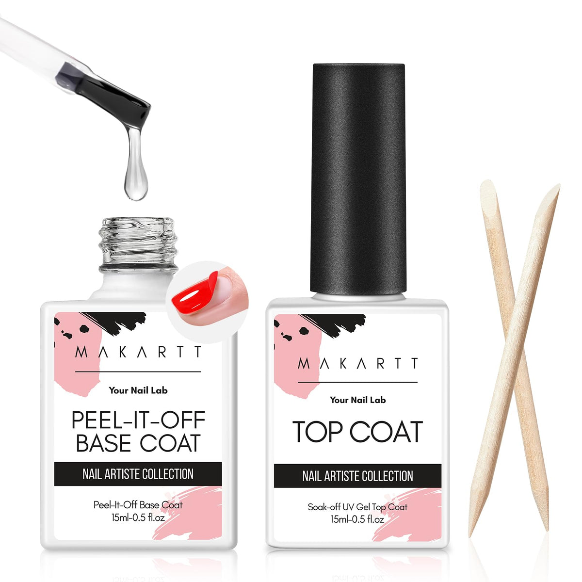 Makartt 15ml No Wipe Gel Top Coat and Peel Off Base Coat Set - 2Pcs Shine Finish Long Lasting No Filing Soak Off Clear Top Base Gel, UV LED Nail Lamp Required, for Women Nail Art DIY