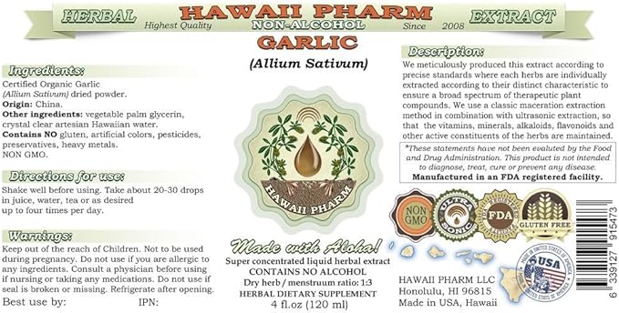 Garlic Alcohol-Free Liquid Extract, Organic Garlic (Allium sativum) Dried Powder Glycerite Hawaii Pharm Natural Herbal Supplement 15x4 oz