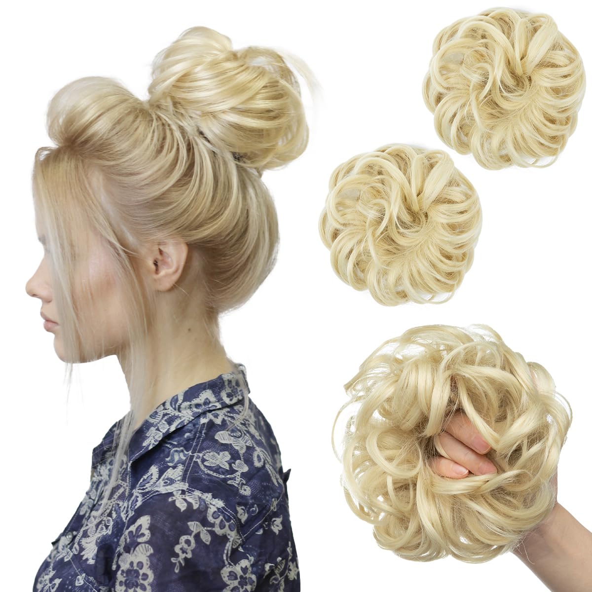 SARLA 2PCS Beach Blonde Updo Messy Bun Hair Hair Piece Synthetic Wavy Curly Scrunchies Ponytail Extension for Women Girls