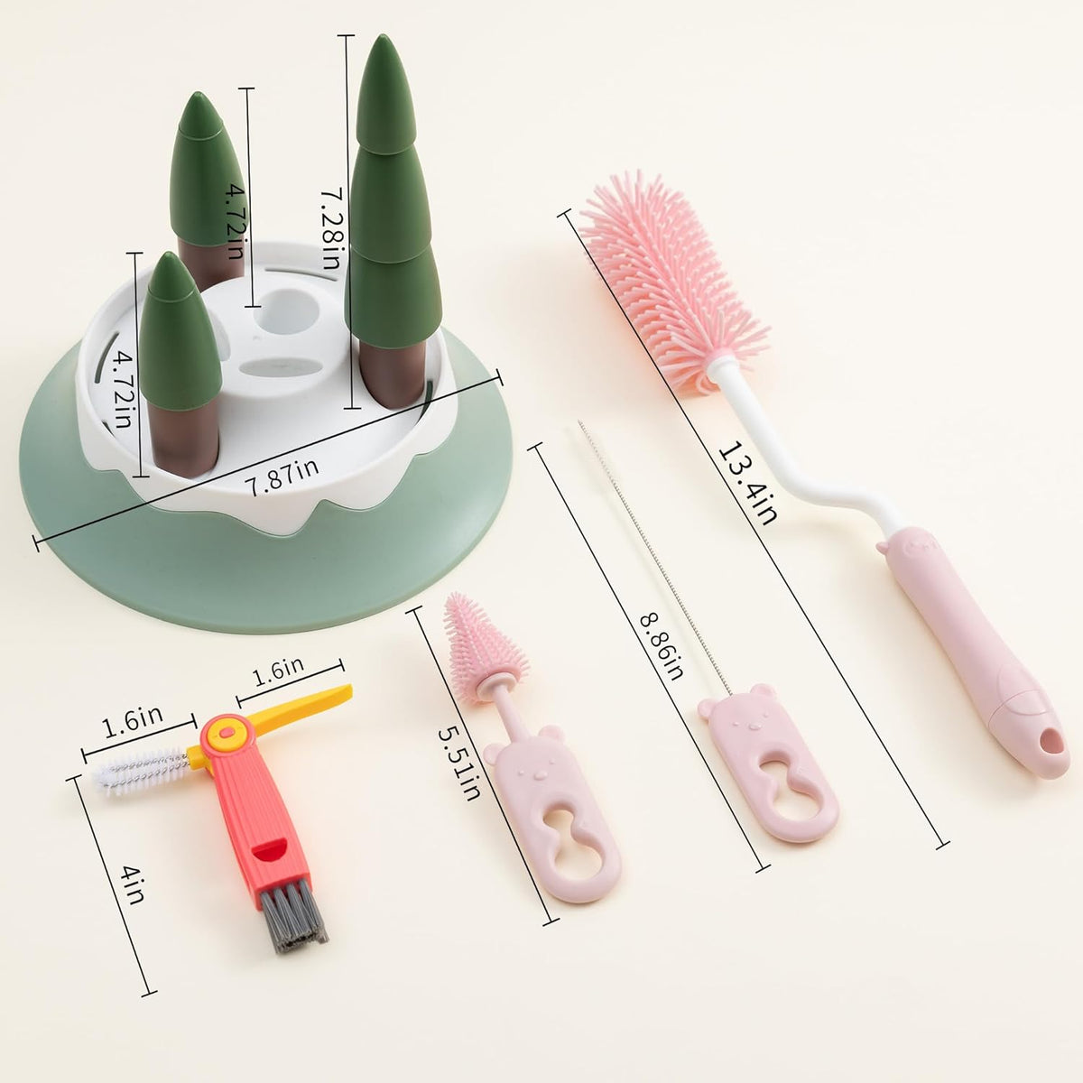 Baby Bottle Drying Rack and Cleaning Set, with Spinning Silicone Baby Bottle Brush, Pacifier Brush, Straw Brush, Cup Lid Cleaning Brush, 2025 Xmas Holiday Surprise Gift for Newmom, Pink