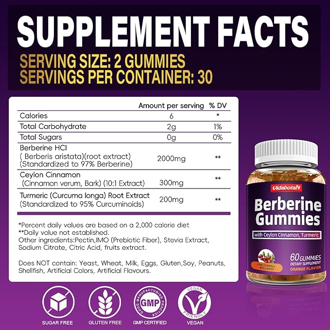 Berberine Gummies with Ceylon Cinnamon， 2000mg Berberine HCI Supplement for Men & Women, Orange Flavored Vegan Sugar Free Gummies (60 Count)(Pack of 1)