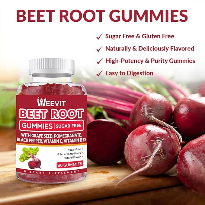 Sugar Free Beet Gummies with Grape Seed, Pomegranate, Black Pepper, Vitamin C, B12 | Nitric Oxide Booster for Men Women, Organic Beet Root Gummies