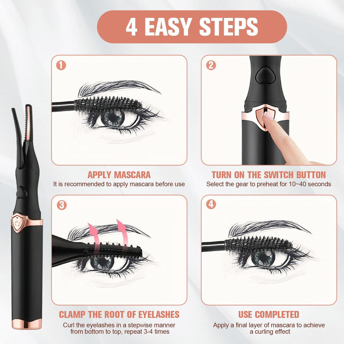 Heated Eyelash Curler, 2 in 1 Clip-Type Design, USB Rechargeable Electric Eyelash Curler, 3 Heat Modes, Natural Curling 24 Hours Long Lasting, Beauty Tools for Women (Black)